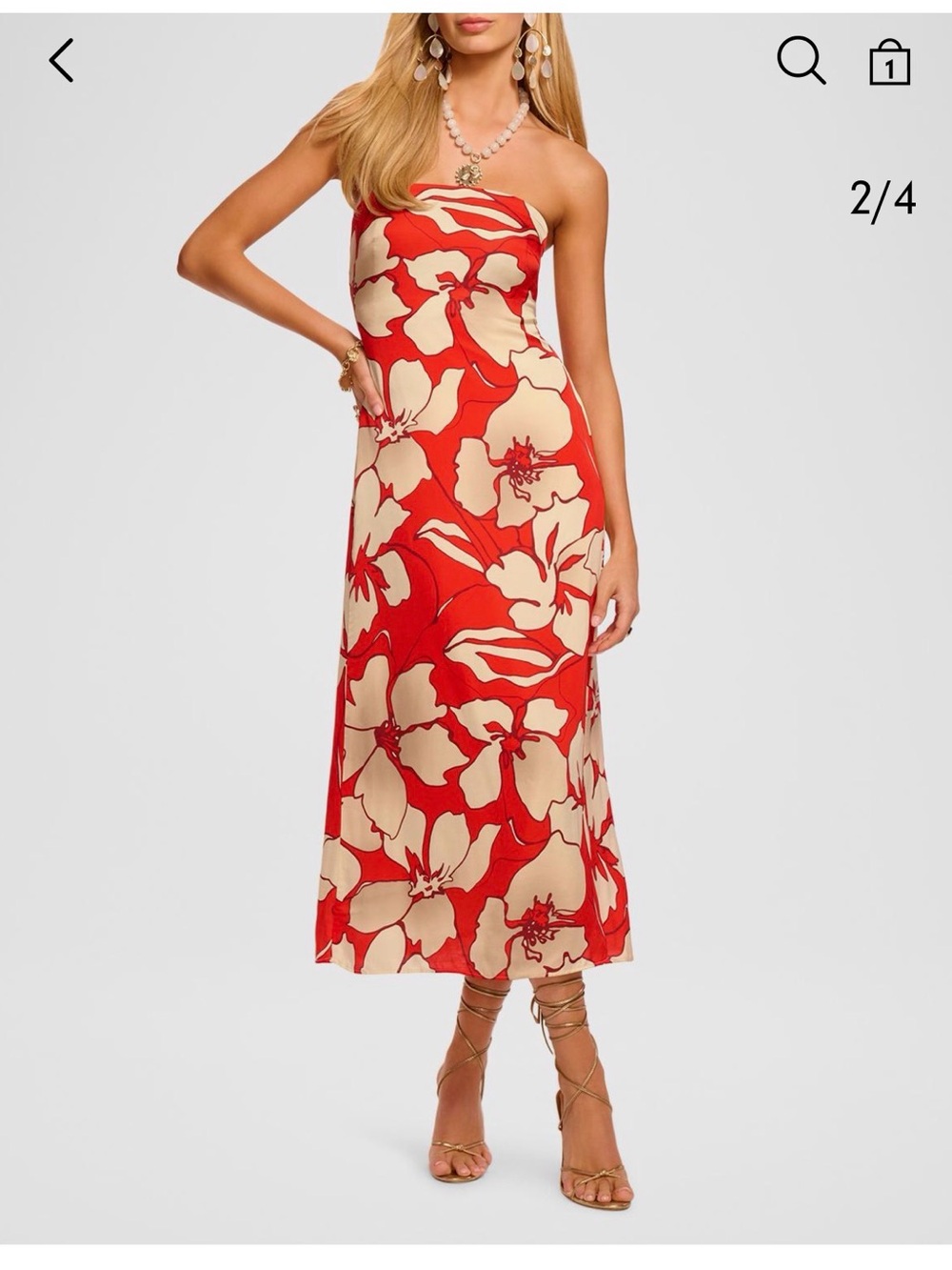 L'AGENCE Strapless Red and Cream Floral Midi Dress